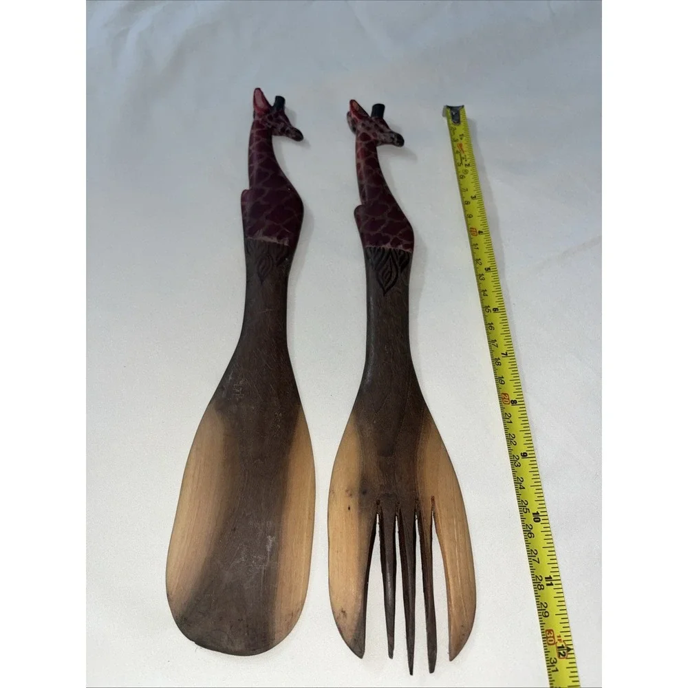 Vintage Wooden Handmade Giraffe Salad Tossing Fork & Spoon Works Great Clean Woo